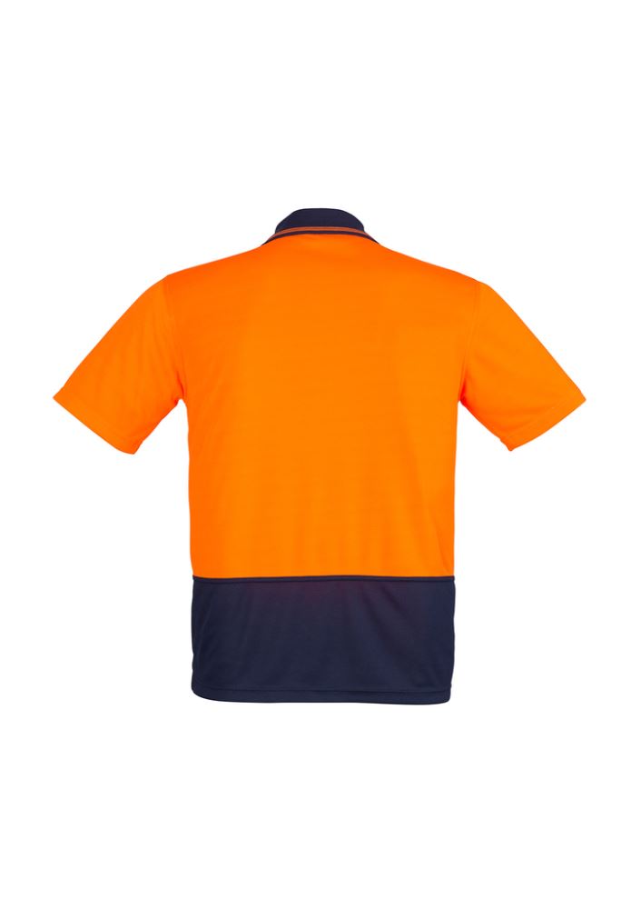 Unisex Hi-Vis polo in orange and navy, featuring moisture-wicking fabric, chest pocket, and quick-dry design for workwear.