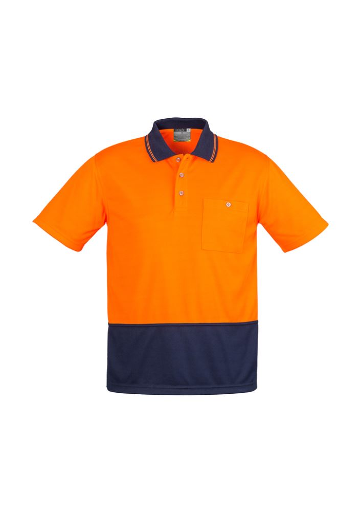 Unisex Hi-Vis Orange/Navy polo shirt with moisture-wicking fabric, chest pocket, and breathable design for outdoor work.