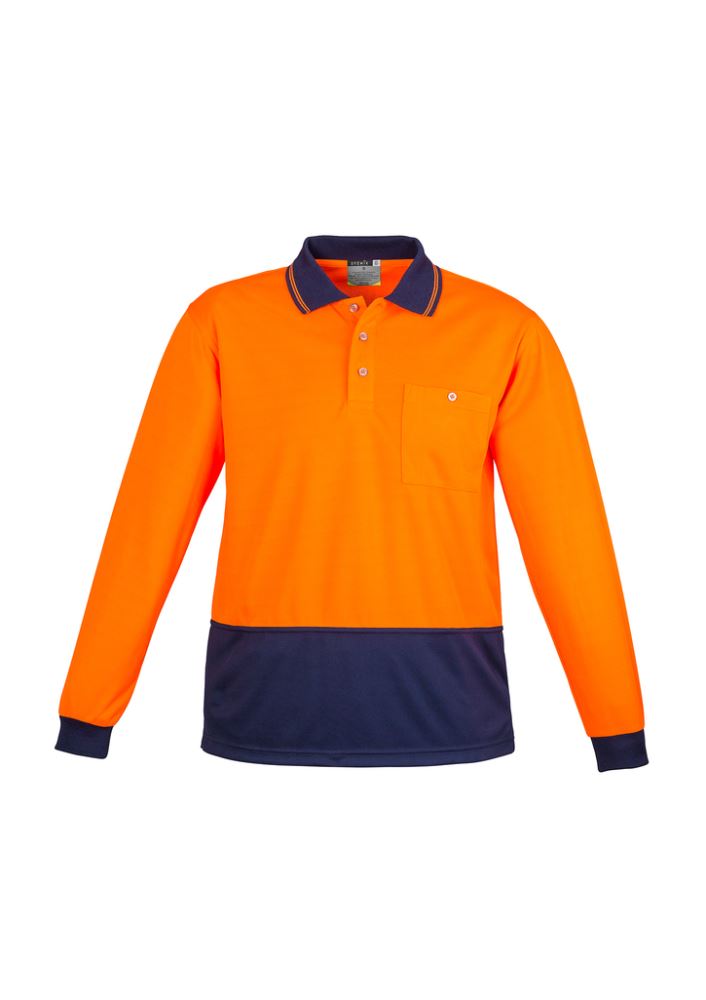 Unisex orange and navy long-sleeve hi-vis polo with moisture-wicking fabric, chest pocket, and breathable design for comfort.