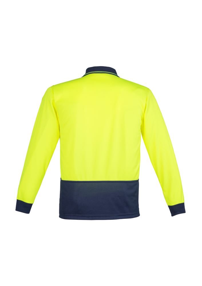 Unisex long sleeve yellow and navy hi-vis polo with chest pocket, moisture-wicking, breathable perfect for workwear.