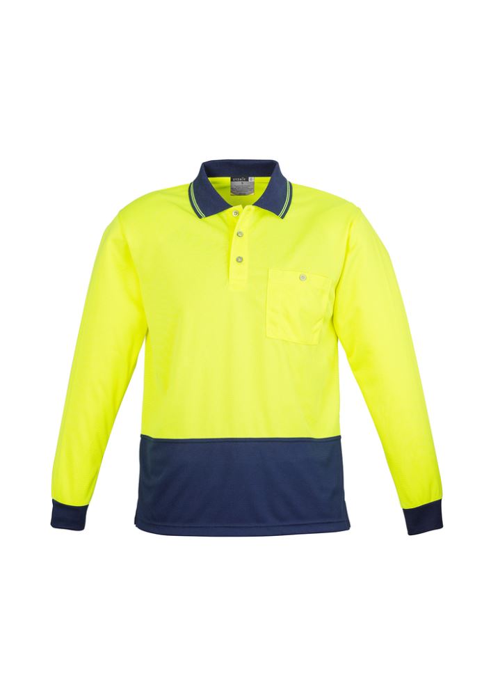 Unisex yellow and navy long sleeve Hi-Vis polo shirt, size 3XL, featuring moisture-wicking fabric and chest pocket.