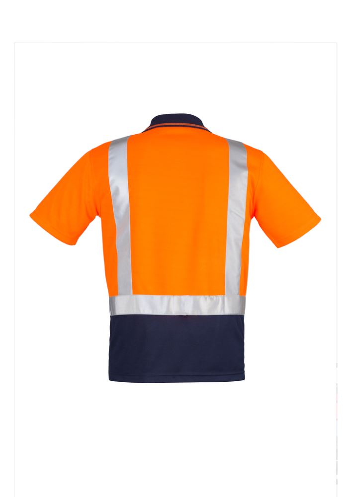 Hi-Vis Spliced Polo in orange and navy, made of lightweight microfiber, features reflective tape, pocket, and moisture-wicking fabric.