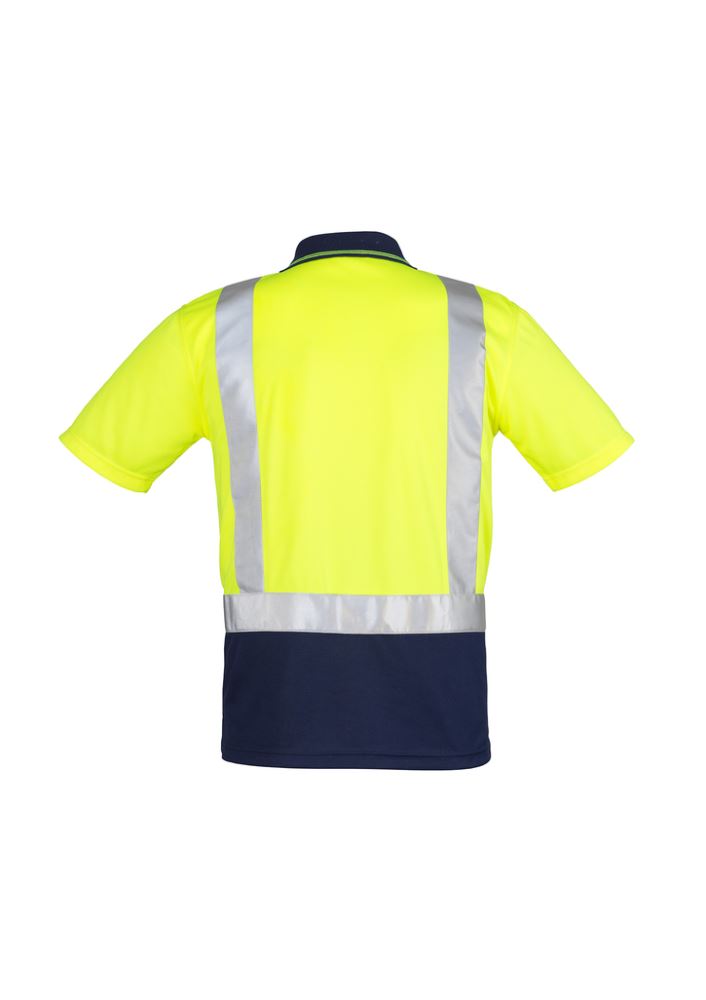 Hi-Vis spliced polo in yellow and navy, featuring moisture-wicking fabric, chest pocket, and reflective tape for safety.