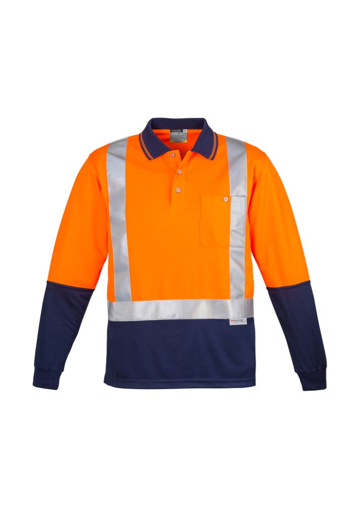 Men's long sleeve high-visibility polo in orange and navy, featuring moisture-wicking fabric and reflective tape for safety.