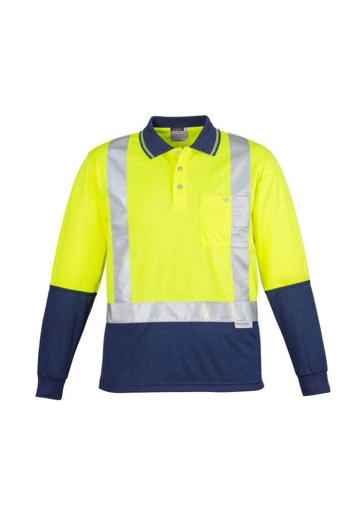 Mens Hi-Vis Spliced Polo in yellow and navy with long sleeves, reflective tape, and a chest pocket for work safety and comfort.