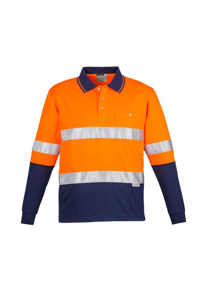 Men's Hi-Vis Spliced Polo in orange and navy with long sleeves, reflective tape, moisture-wicking, and chest pocket for work safety.