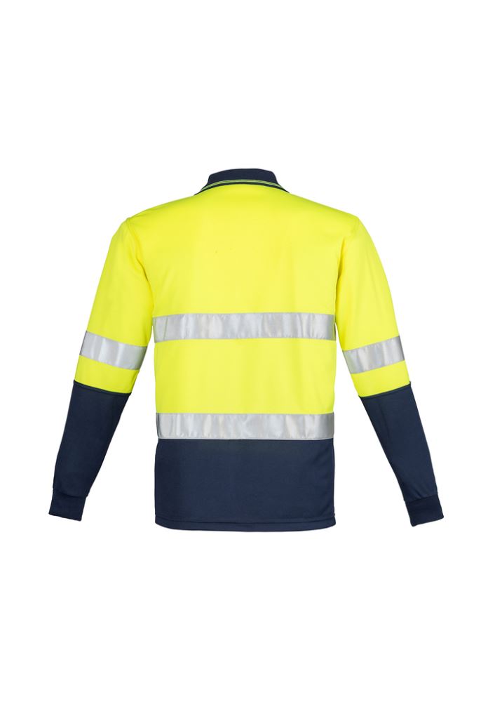 Men's long sleeve Hi-Vis polo in yellow and navy with chest pocket and reflective tape for safety in active work environments.