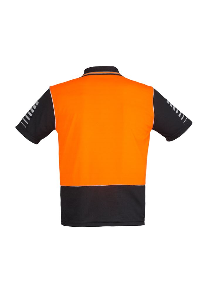 Bright orange and black men's Hi-Vis Zone Polo from Syzmik, featuring moisture-wicking fabric and reflective detailing for safety.