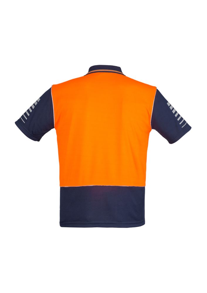 Bright orange and navy men's polo shirt by Syzmik, featuring moisture-wicking fabric and 3M™ reflective piping for safety.