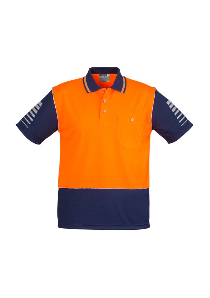 Hi-Vis Zone Polo in orange and navy, 100% polyester, moisture-wicking, breathable, with reflective details for high visibility.
