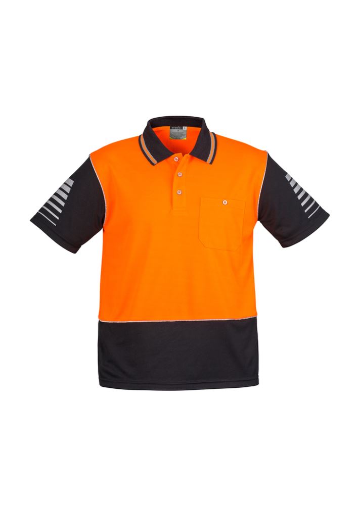 High visibility orange and black men's polo with reflective details, perfect for outdoor work, comfort, and safety.