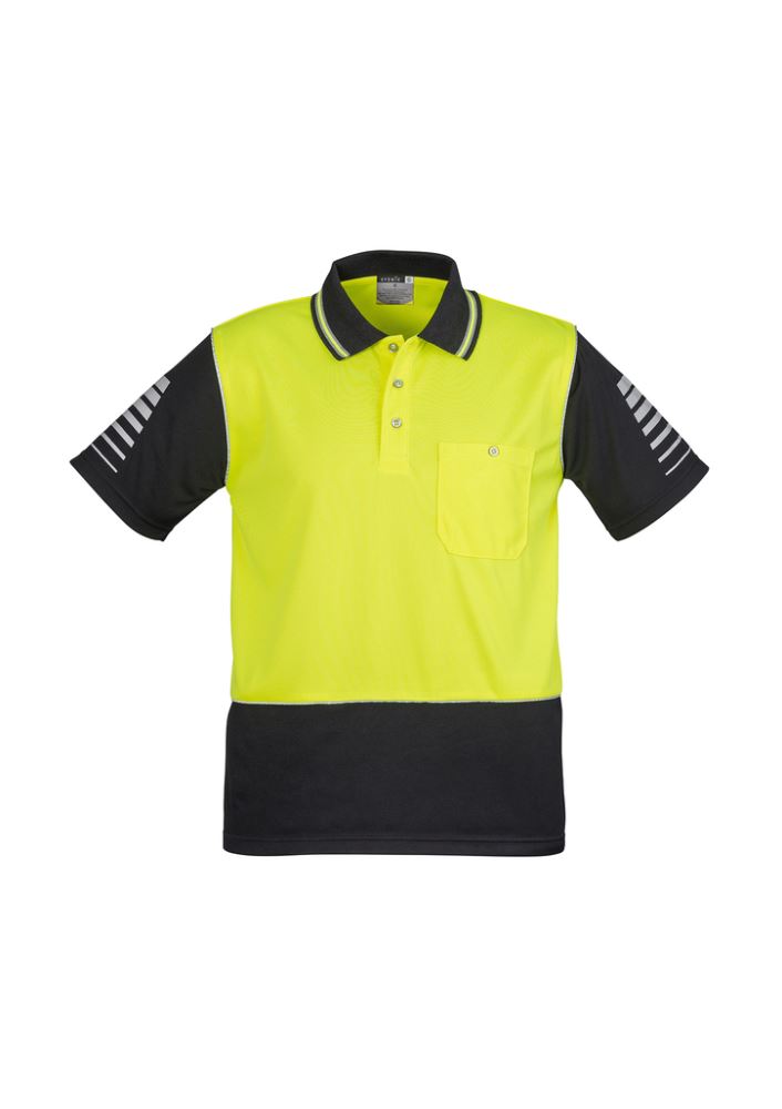 Hi-Vis Zone Polo in yellow and black, featuring moisture-wicking fabric, breathable design, and reflective piping for safety.