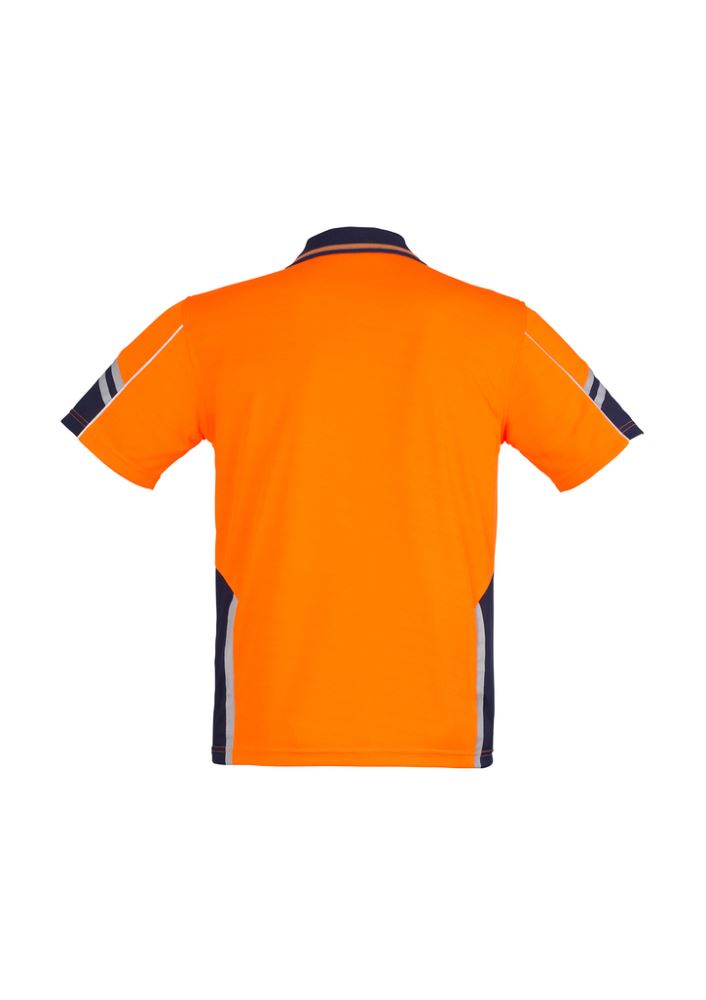 High-visibility orange and navy polo shirt with moisture-wicking fabric, reflective piping, and chest pocket for safety and comfort.