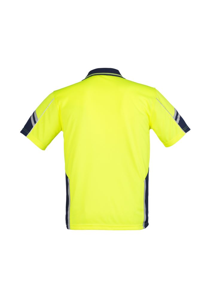High-visibility yellow and navy polo shirt with moisture-wicking fabric, chest pocket, and reflective piping for safety.