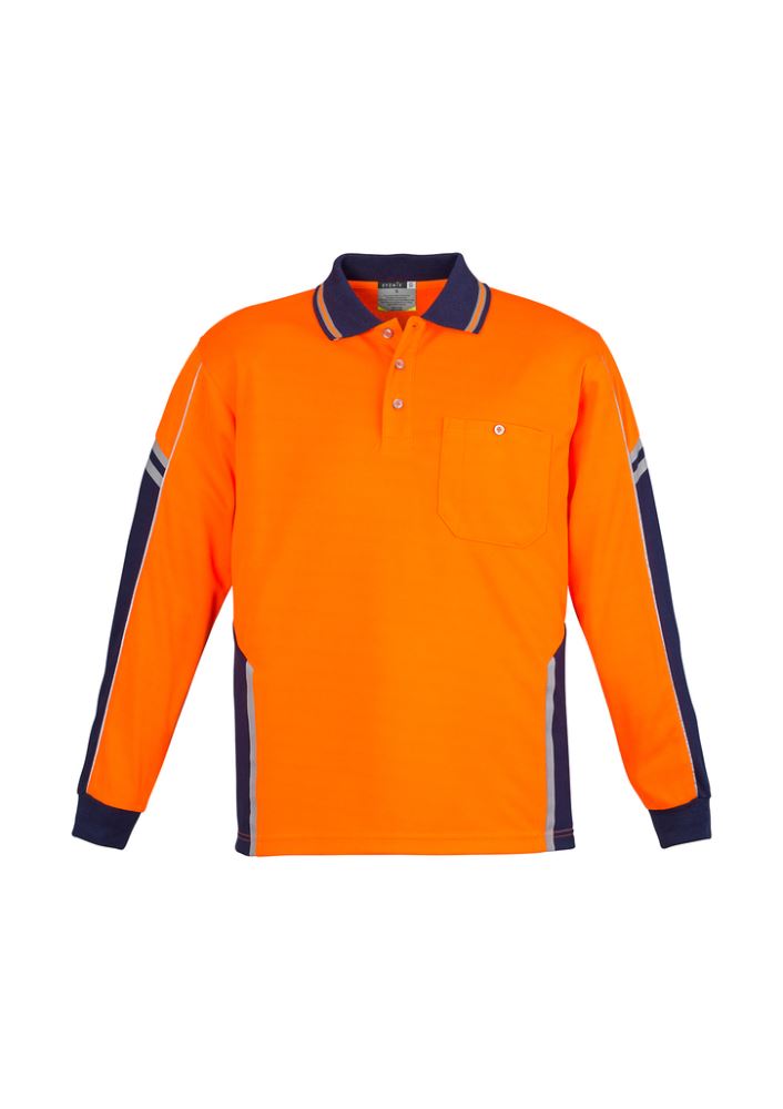 Mens Hi-Vis Squad LS Polo in orange and navy, featuring reflective piping, chest pocket, and moisture-wicking fabric for safety.