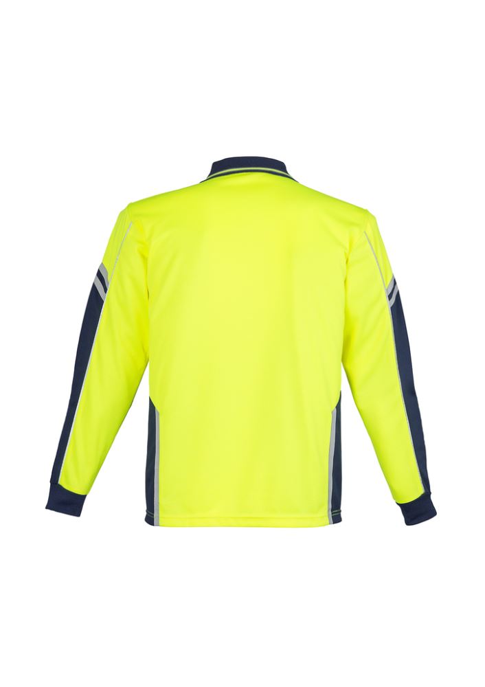 Men's yellow and navy Hi-Vis Squad LS polo with moisture-wicking, breathable fabric and reflective details for safety.