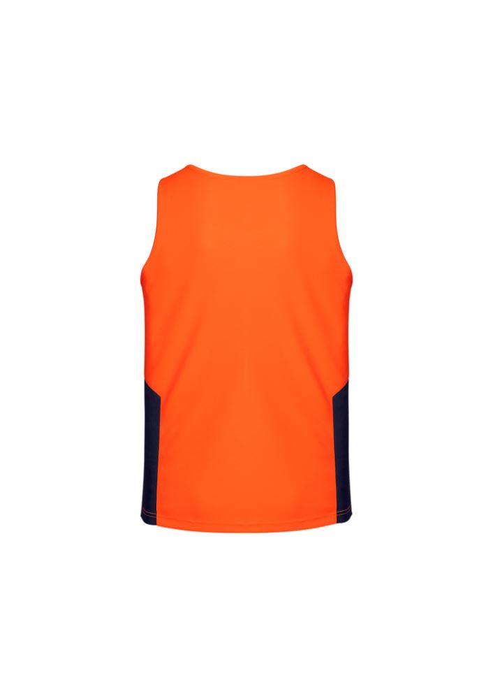 Unisex Hi-Vis Squad Singlet in bright orange and navy, featuring moisture-wicking, breathable fabric for comfort and safety.