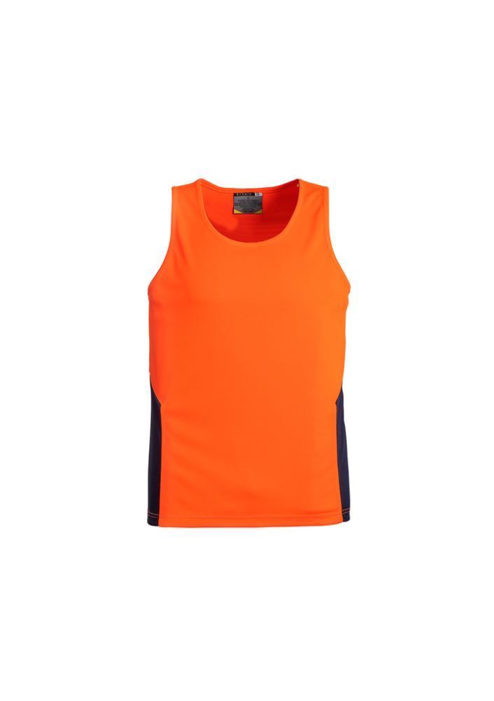 High-visibility orange and navy unisex singlet, designed for comfort and safety, made of durable moisture-wicking polyester.