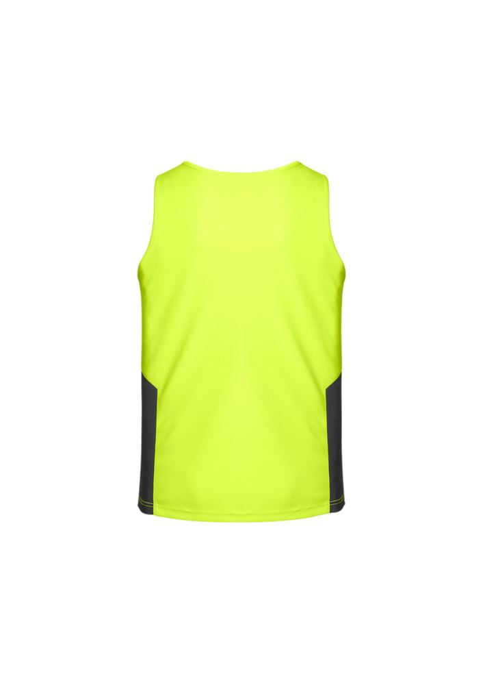 Bright yellow and charcoal unisex Hi-Vis singlet made from breathable, moisture-wicking polyester for optimal performance.
