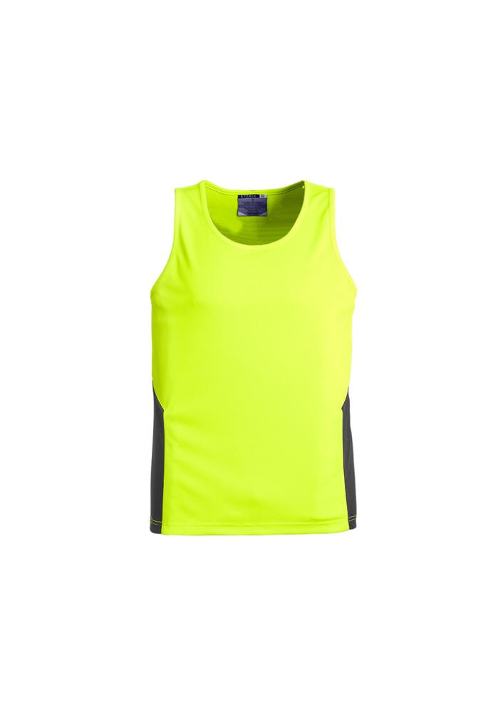 Unisex Hi-Vis Squad Singlet in yellow and charcoal, featuring moisture-wicking fabric, breathability, and modern design for safety.