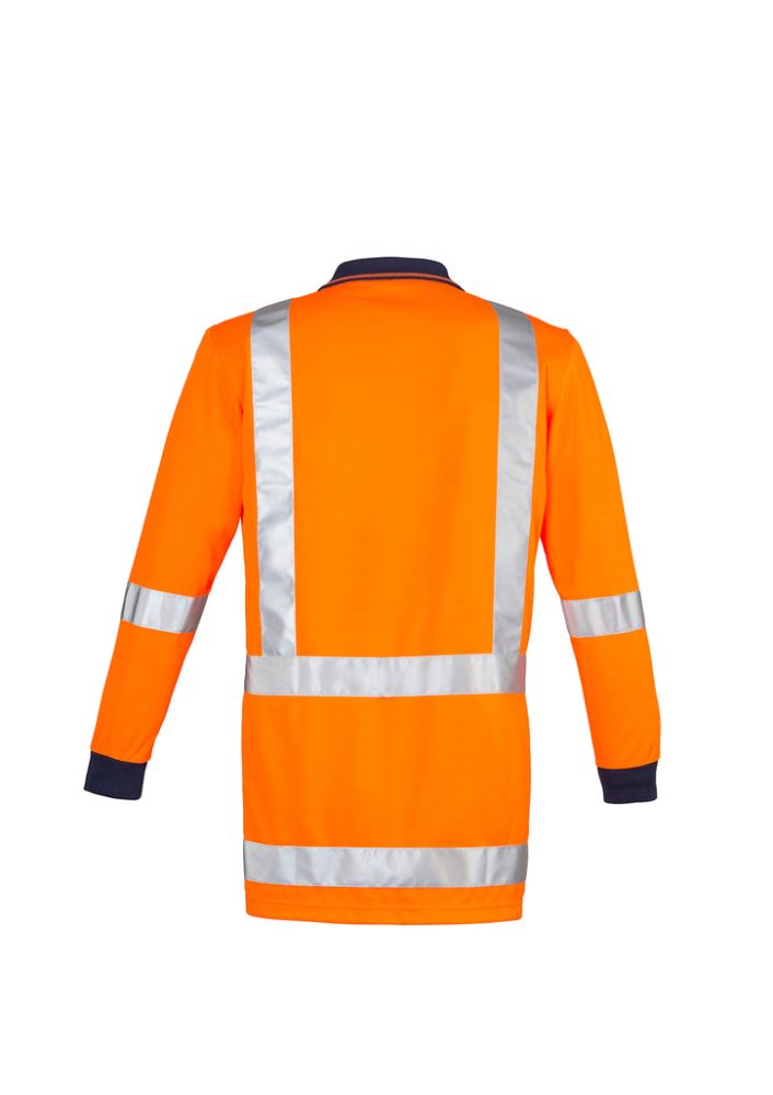 Men's bright orange long sleeve polo by Syzmik, featuring reflective tape, moisture-wicking fabric, and a chest pocket.