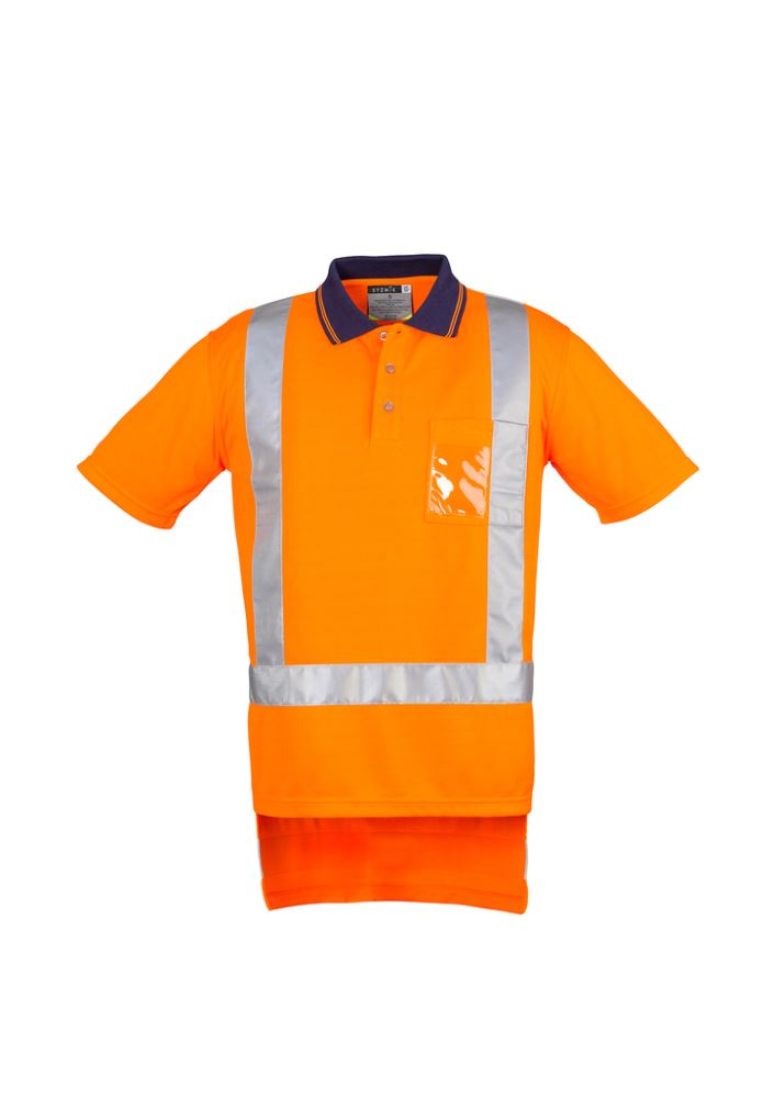Men's orange TTMC-W short sleeve polo in 4XL by Syzmik, featuring moisture-wicking fabric and reflective tape for safety.