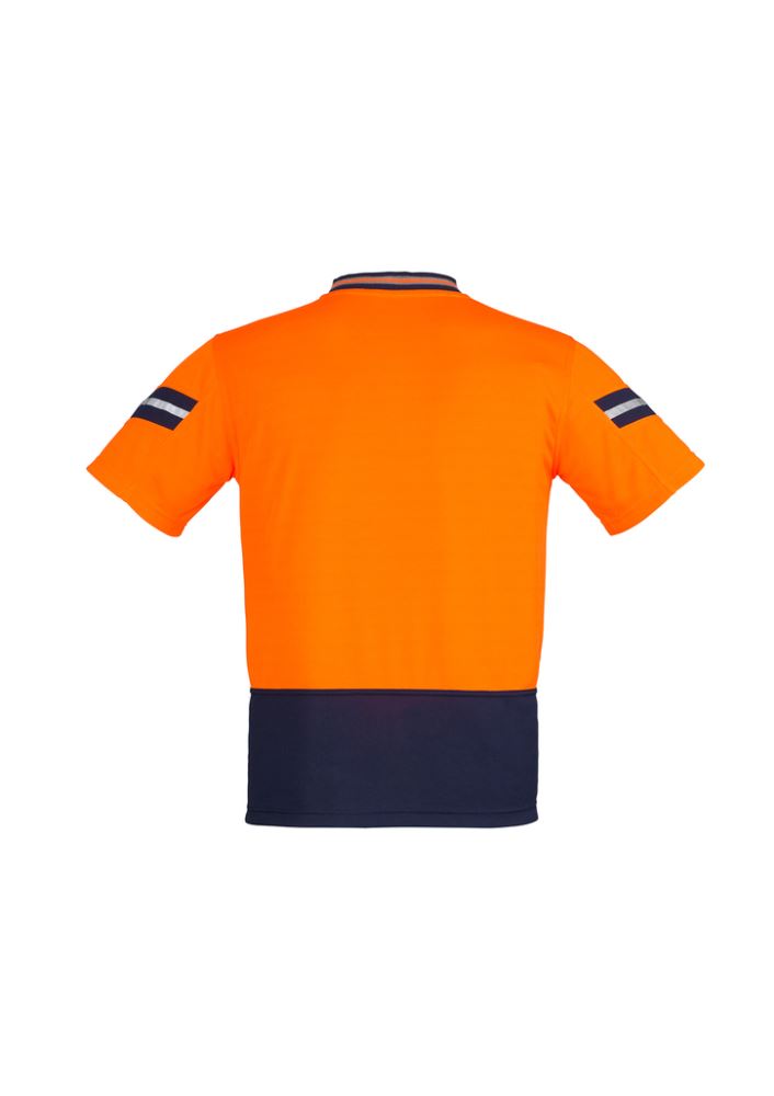 Men's Hi-Vis Astro Polo in orange and navy, featuring moisture-wicking fabric and reflective stripe for safety and visibility.