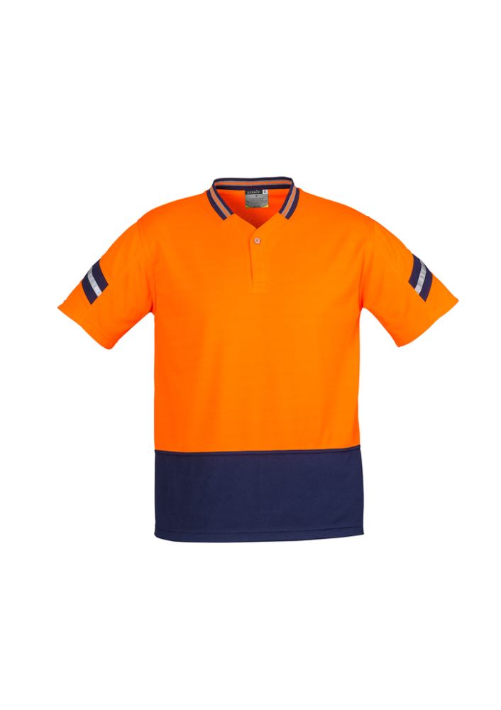 Men's Hi-Vis Astro Polo in orange and navy, featuring moisture-wicking fabric, sports collar, and 3M reflective stripes for safety.