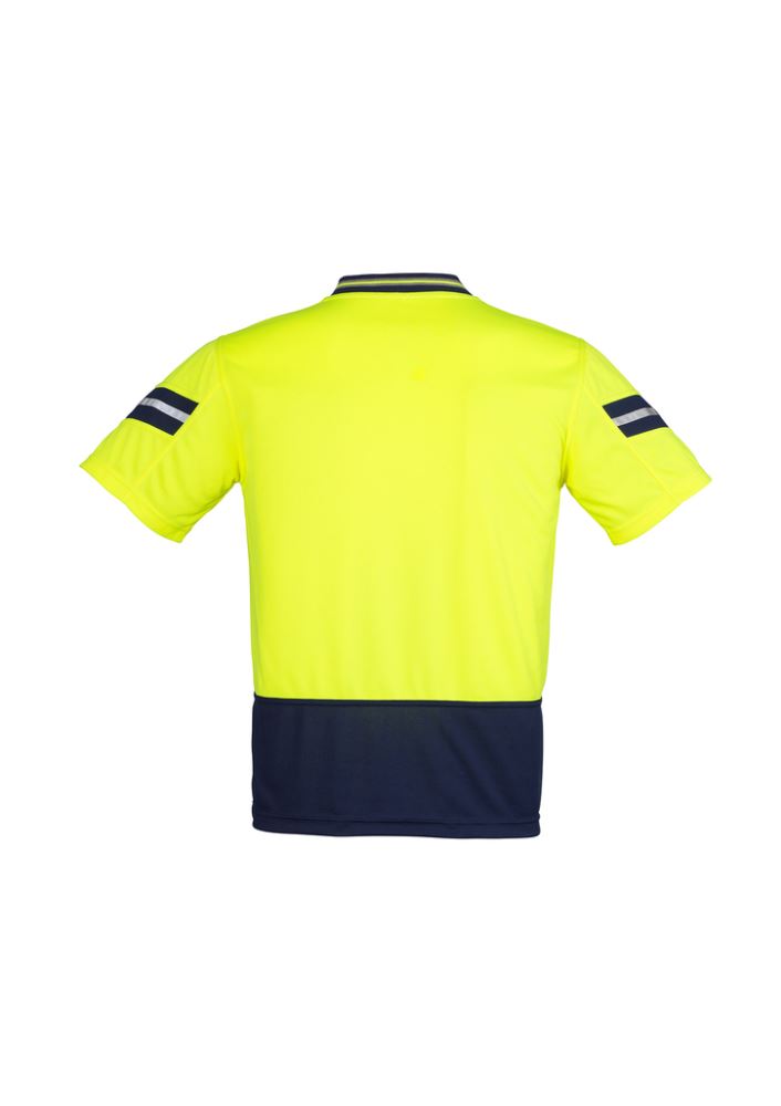 Men's Hi-Vis Astro Polo in Yellow and Navy with reflective stripes, moisture-wicking polyester for comfort and safety.