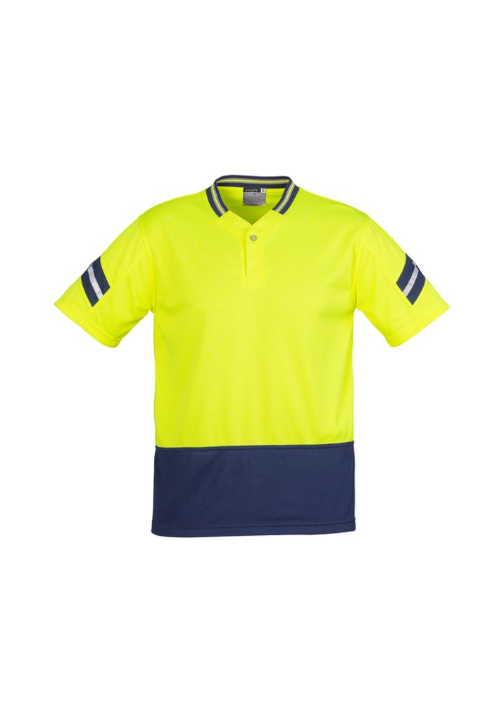 Men's Hi-Vis Astro Polo in yellow and navy, featuring moisture-wicking fabric and 3M reflective stripes for safety.