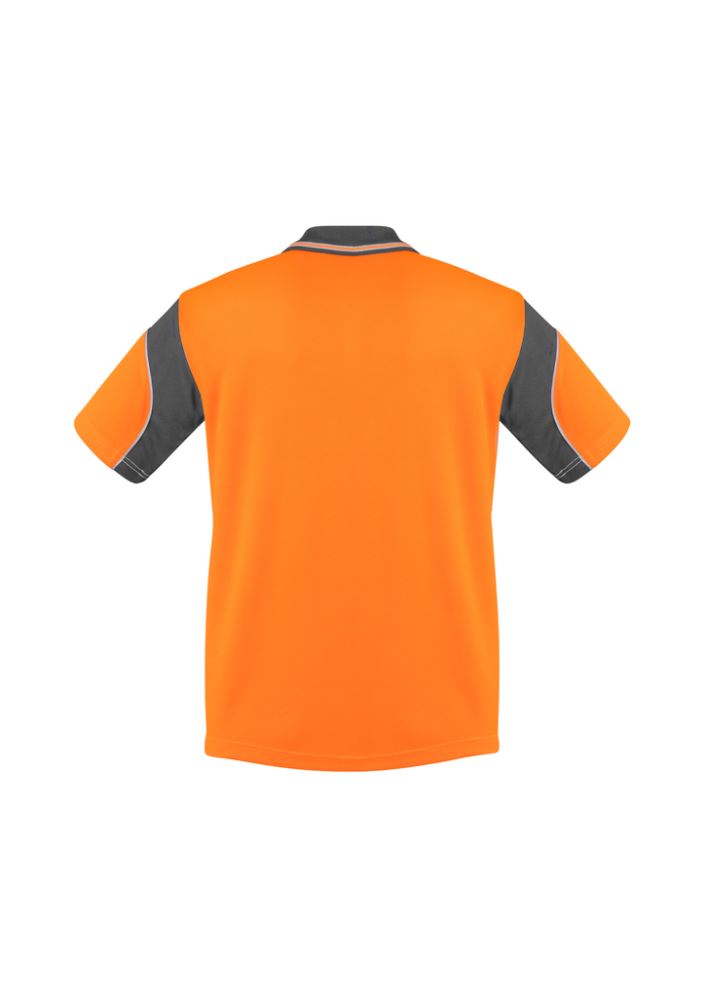 High-visibility orange and charcoal polo with moisture-wicking fabric, button-free placket, and a loose pocket for convenience.