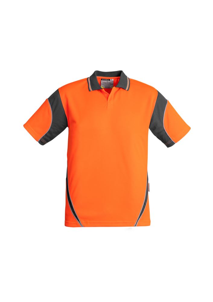 Hi-vis short sleeve polo in orange and navy, featuring moisture-wicking fabric, breathable design, and button-free placket.