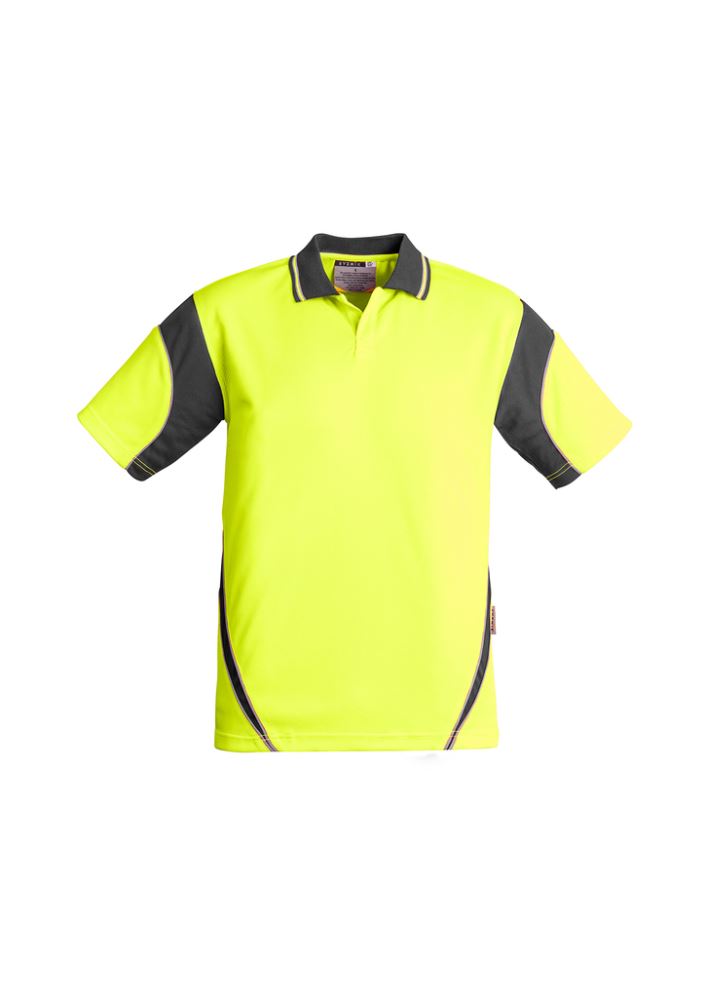 Men's Hi-Vis Aztec Polo in Yellow/Charcoal, featuring moisture-wicking fabric, button-free placket, and separate pocket.
