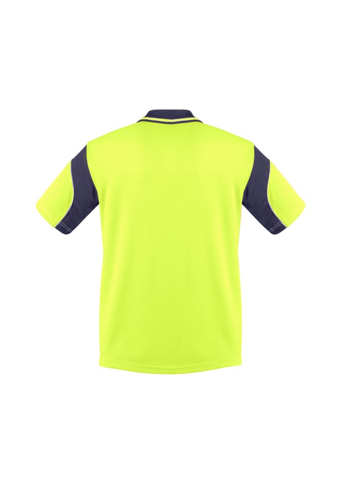 High-visibility yellow and navy polo shirt for men, made from breathable, moisture-wicking polyester, ideal for work and safety.