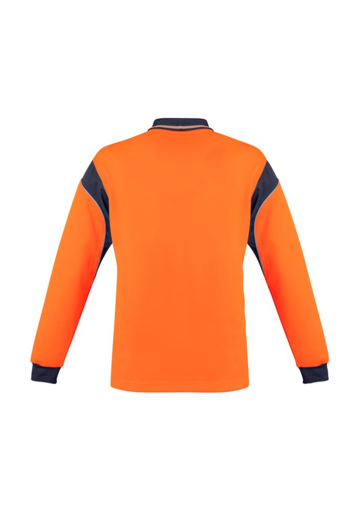 Men's long sleeve high-visibility polo in orange and navy, designed for comfort and safety in professional environments.