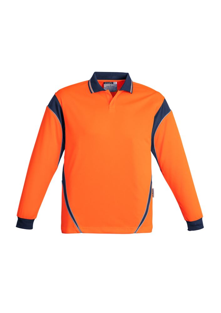 Men's Hi-Vis Aztec long sleeve polo in orange and navy, designed for safety, comfort, and moisture-wicking performance.