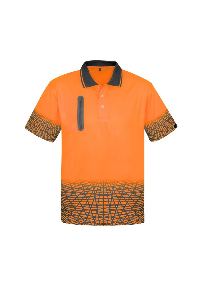Men's Tracks Polo in Orange Charcoal, featuring moisture-wicking fabric, zip pocket, and contemporary design for comfort and style.