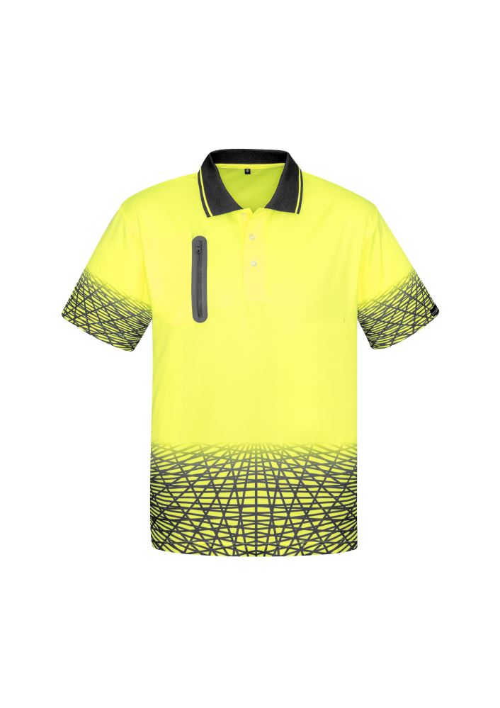 Syzmik Men's Tracks Polo in vibrant Yellow and Charcoal, featuring moisture-wicking, breathable fabric and a zip chest pocket.
