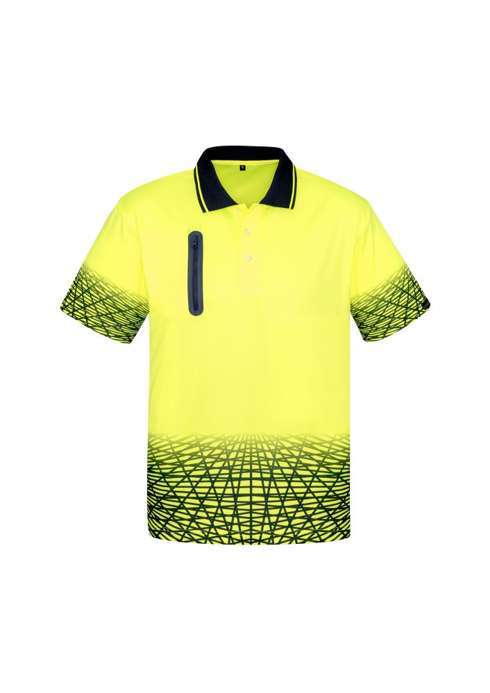 Mens Tracks Polo in Yellow/Navy, 5XL, featuring moisture-wicking, breathable fabric and a practical zip chest pocket.