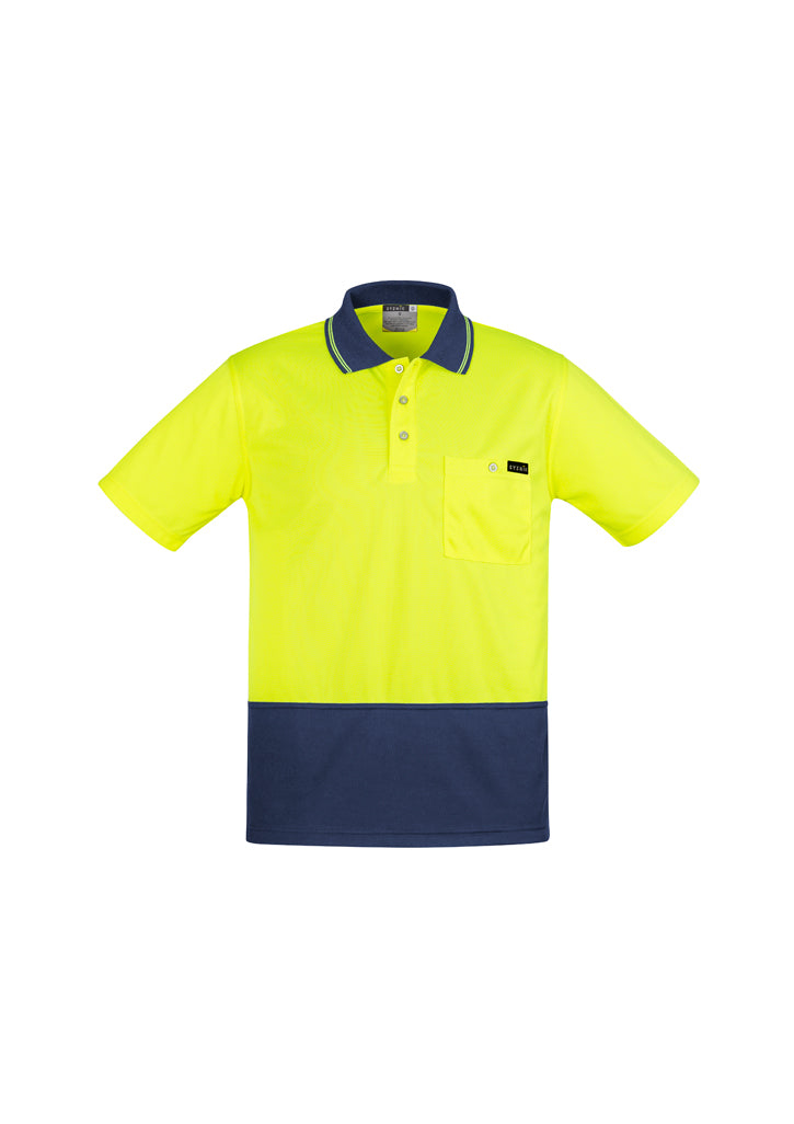 Unisex Hi-Vis long sleeve polo in yellow and navy, features moisture-wicking fabric and chest pocket, 100% polyester.
