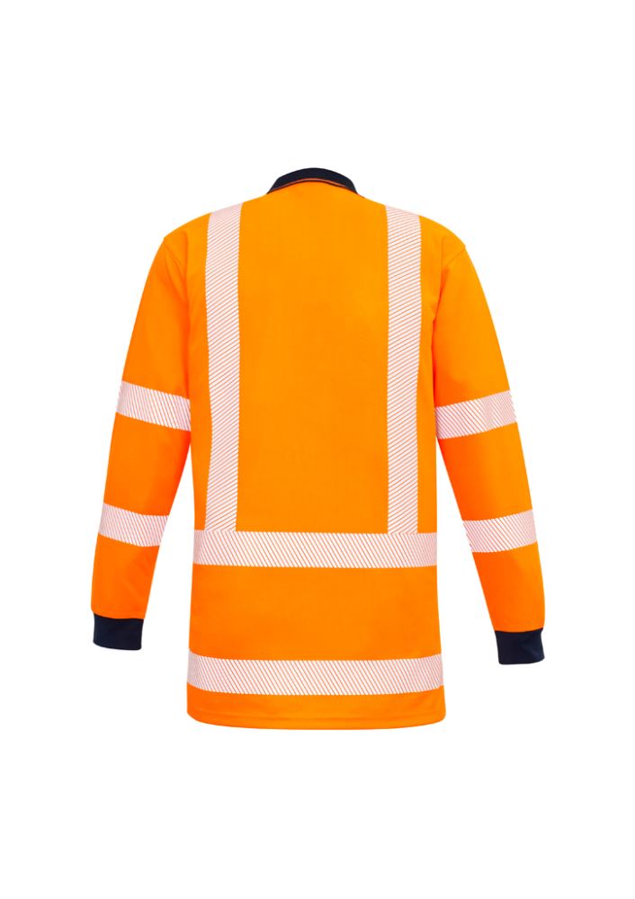 Men's long sleeve orange and navy polo shirt by Syzmik, featuring breathable fabric, segmented tape, and chest pocket. Size 5XL.