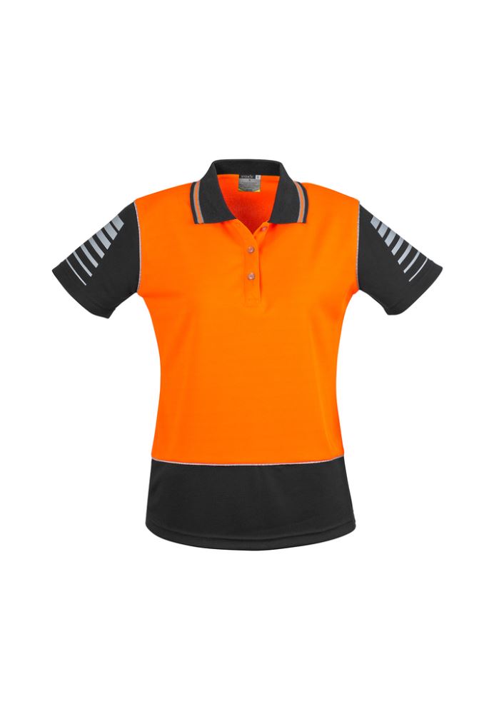 Women's Hi-Vis Zone Polo in orange and black, 100% polyester, breathable, moisture-wicking with 3M reflective piping.