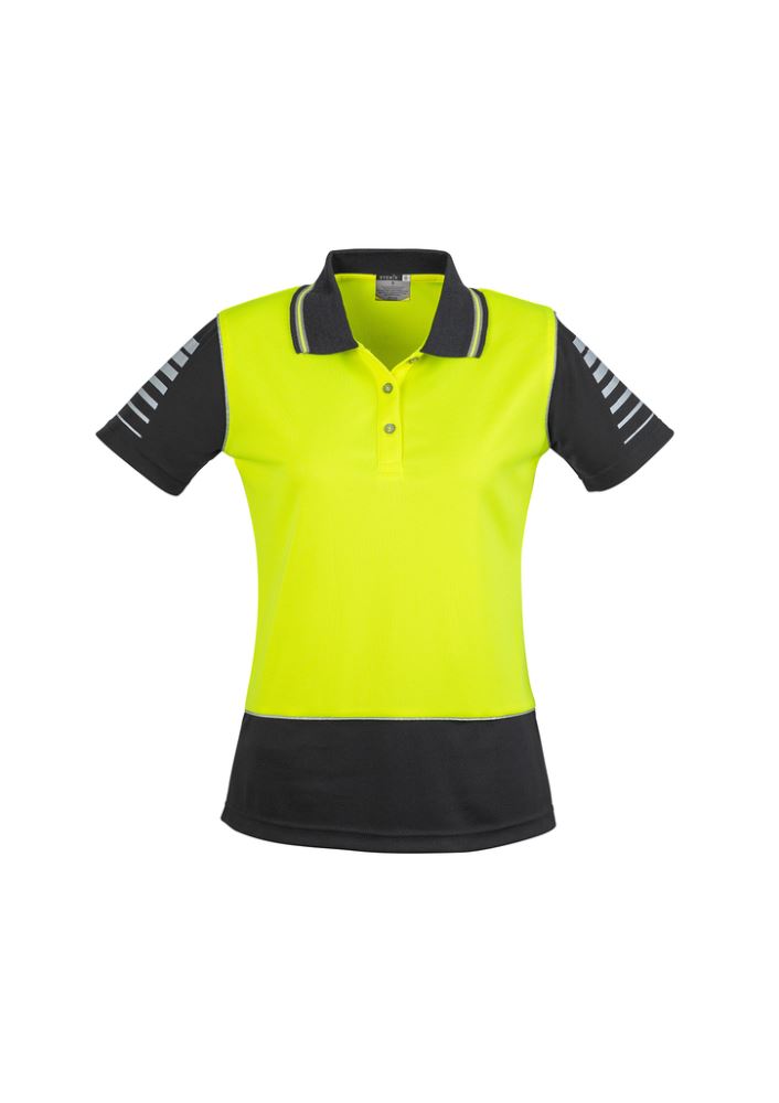 Women's Hi-Vis Zone Polo in Yellow/Navy, featuring moisture-wicking fabric, reflective piping, and a comfortable fit.