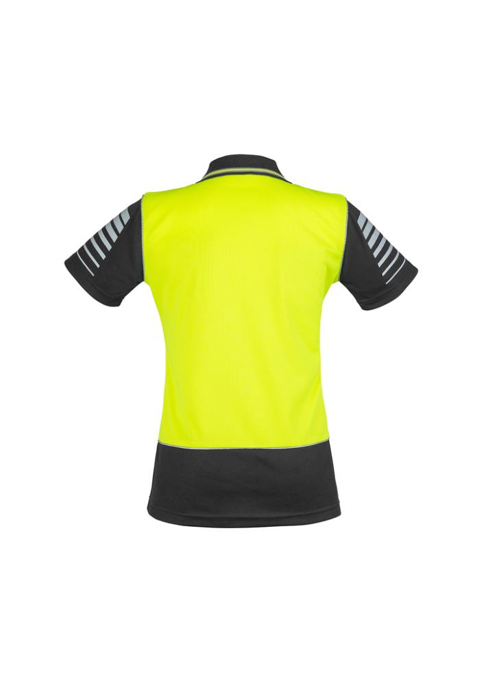 Bright yellow and black women's hi-vis polo with moisture-wicking, breathable fabric and 3M reflective piping for safety.