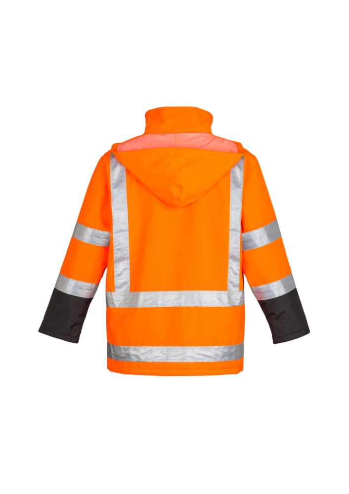Vibrant orange men's quilted lined storm jacket with waterproof features and reflective safety tape, ideal for work and outdoor wear.