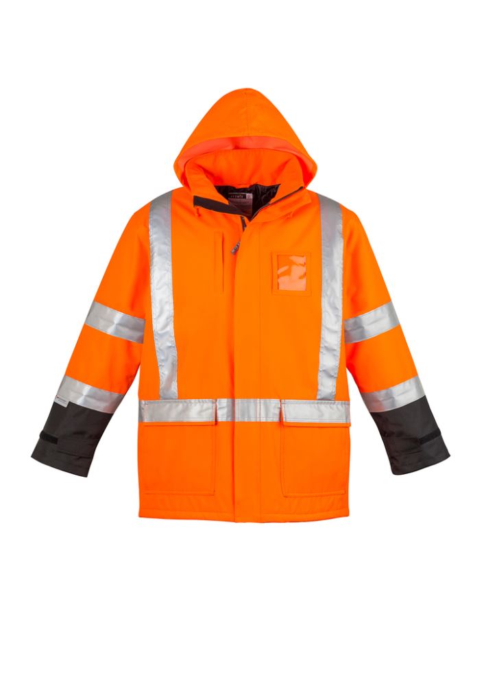 Vibrant orange men's quilted storm jacket with waterproofing, reflective details, and adjustable cuffs for cold weather protection.