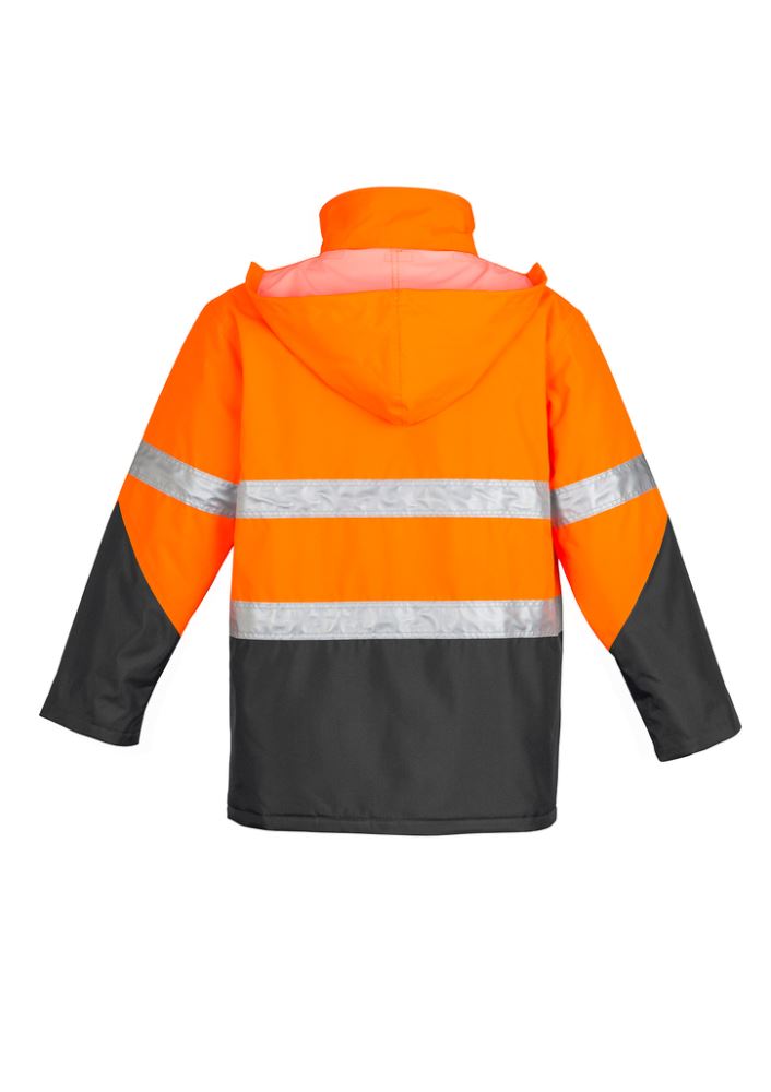 Mens Hi-Vis Storm Jacket in orange and black, waterproof, quilt-lined, with reflective tape and adjustable cuffs for safety and comfort.