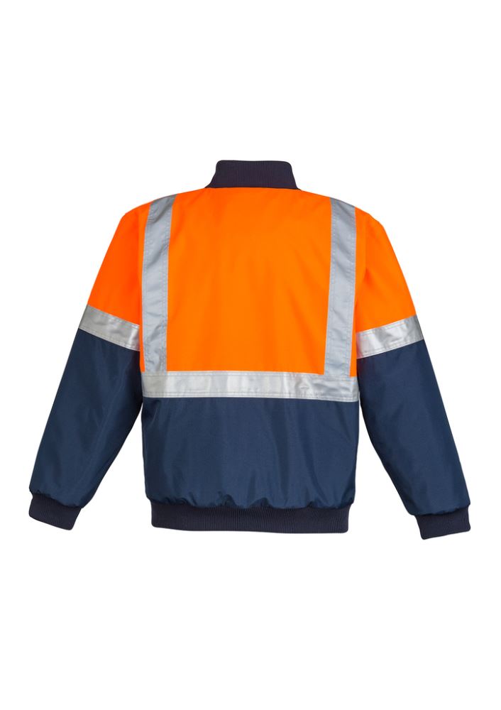 Hi-Vis orange and navy quilted jacket with waterproof construction, reflective tape, and multiple pockets for safety and warmth.