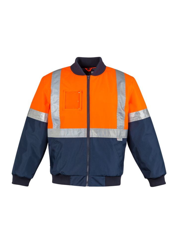 High-visibility orange and navy quilted flying jacket with waterproof features and reflective tape for safety on the job.
