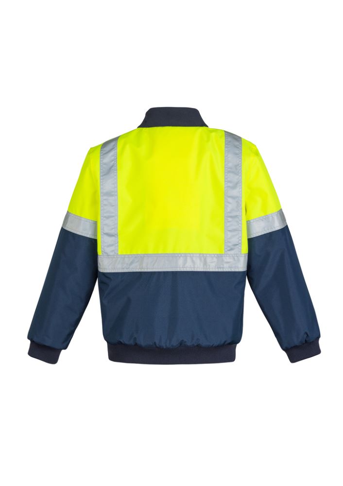 Hi-Vis quilted flying jacket in yellow and navy, featuring waterproof fabric, ribbed cuffs, and concealed hood for safety and warmth.